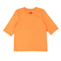 HelloBaby short sleeve baby swim top in neon orange, crew neck, front view.