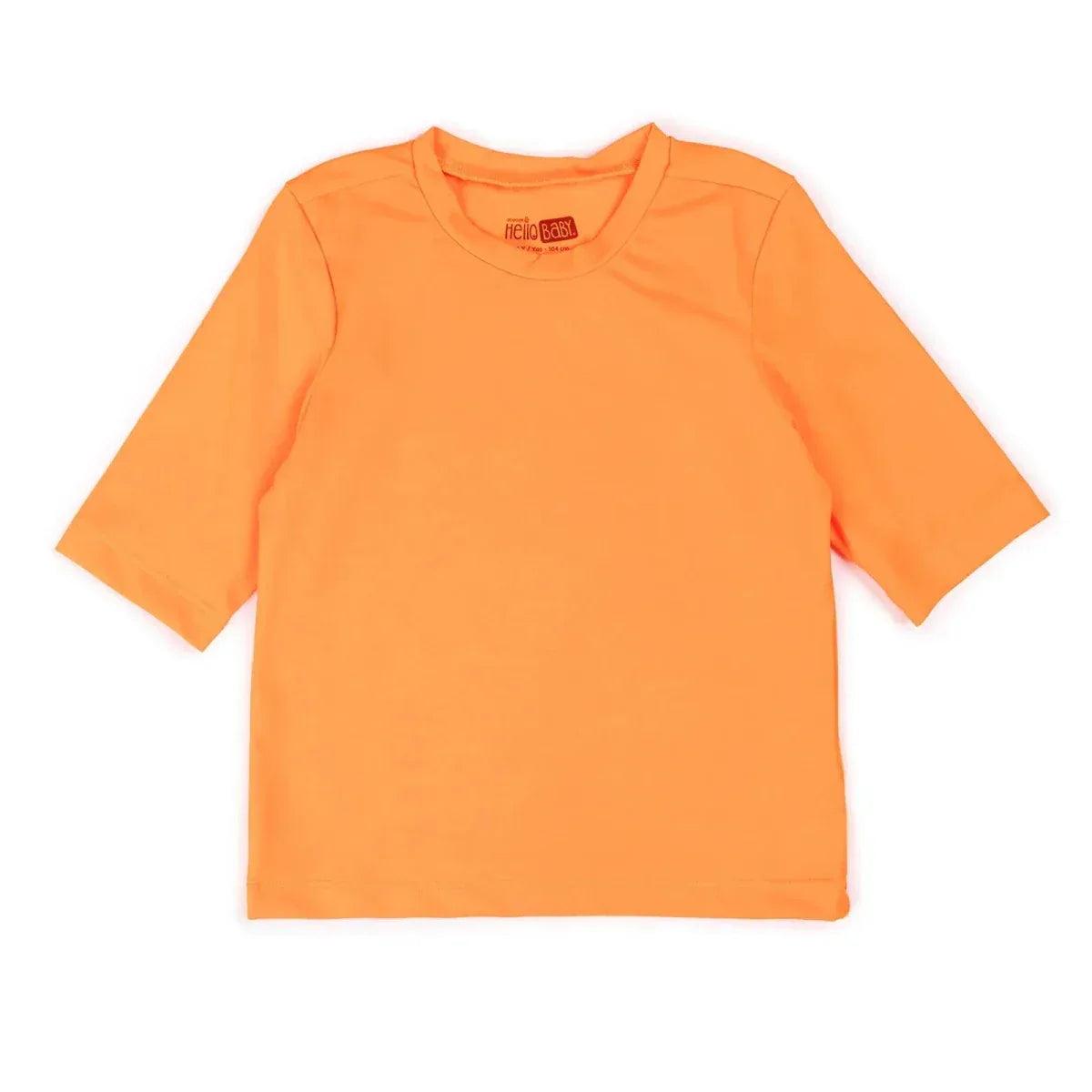 HelloBaby short sleeve baby swim top in neon orange, crew neck, front view.