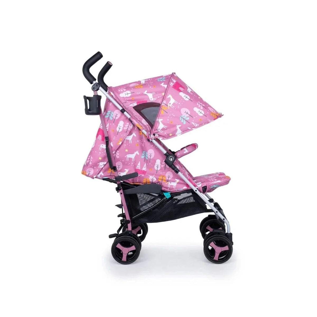 Pink unicorn print stroller side view with canopy, legrest, and pink-trim wheels