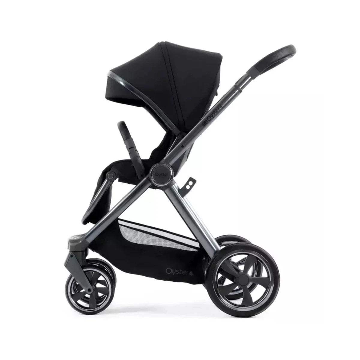 Carbonite single stroller angled view with dark seat, canopy, and swiveling wheels