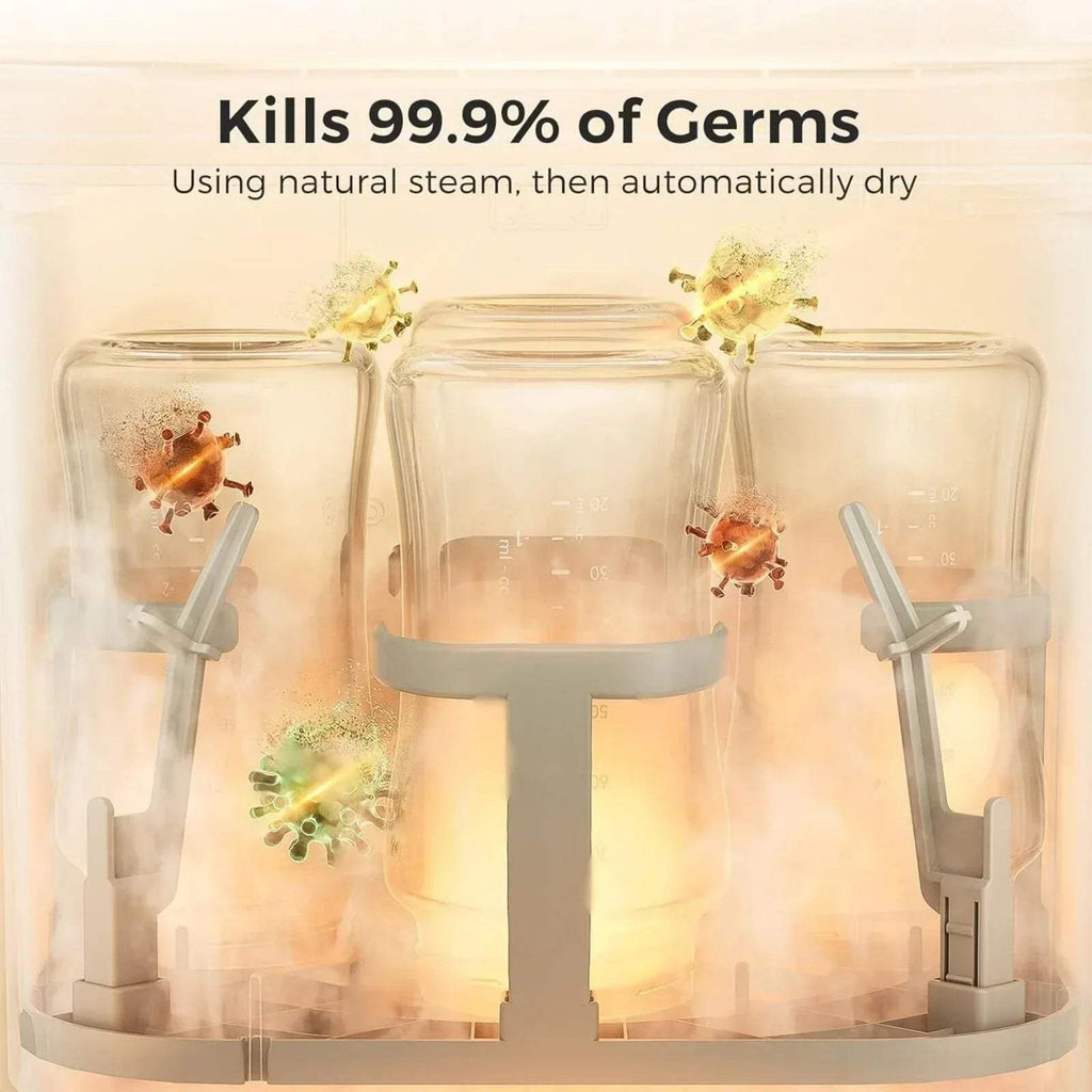 Momcozy baby bottle steriliser dryer with bottle holders inside clear steaming chamber