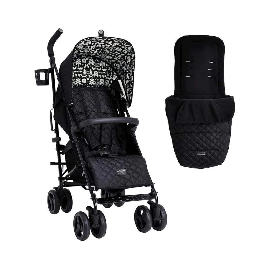 Black stroller with patterned canopy and quilted seat, plus matching black footmuff