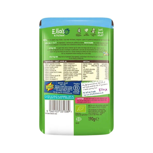 Ella's Kitchen organic Caribbean chicken baby food pouch back with nutrition info, 190g