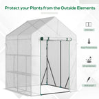 Walk-in greenhouse with two-tier shelf and green metal frame, clear roll-up door mesh cover