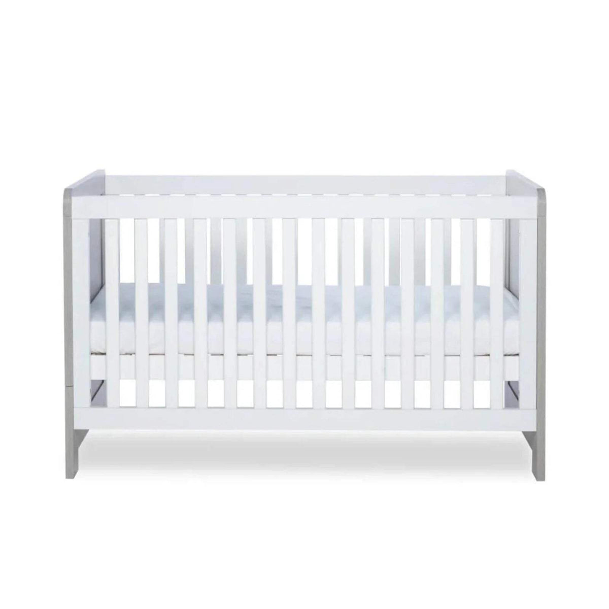 Ash grey cot bed with white vertical bars and side supports, front view