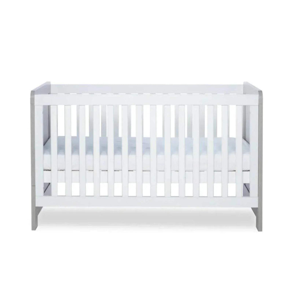 Cot bed frame side view showing vertical slats and white base panel with ash grey posts.