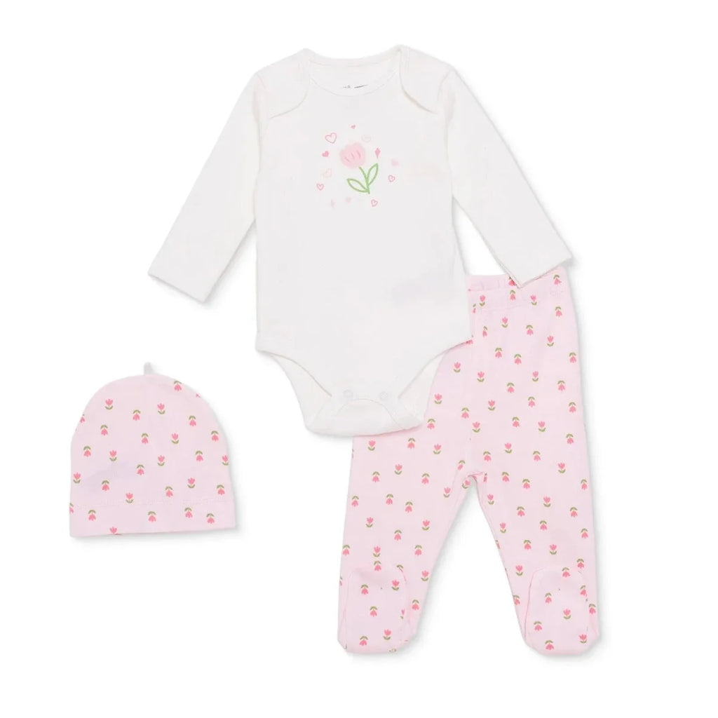 Girls' white bodysuit with pink floral hearts print, pink footed pants and matching hat