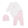 Girls' white bodysuit with pink floral hearts print, pink footed pants and matching hat
