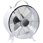 White portable electric desk fan with front safety grille and rotating fan blades