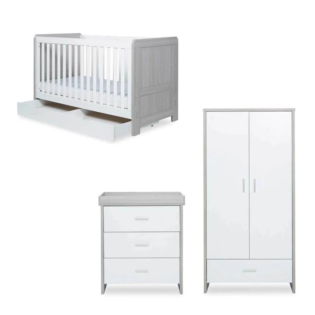 Grey-and-white baby cot with matching wardrobe and 3-drawer unit