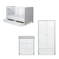 Grey-and-white baby cot with matching wardrobe and 3-drawer unit