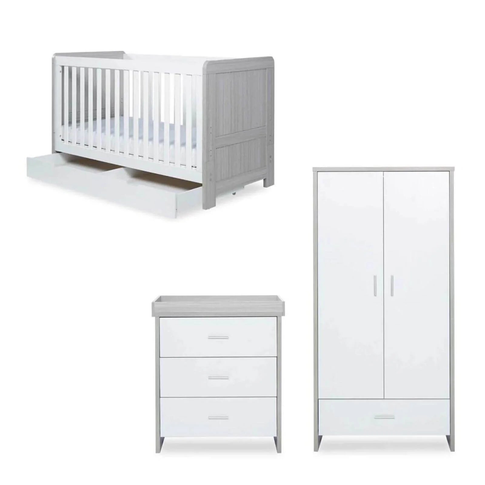 Grey-and-white baby cot with matching wardrobe and 3-drawer unit
