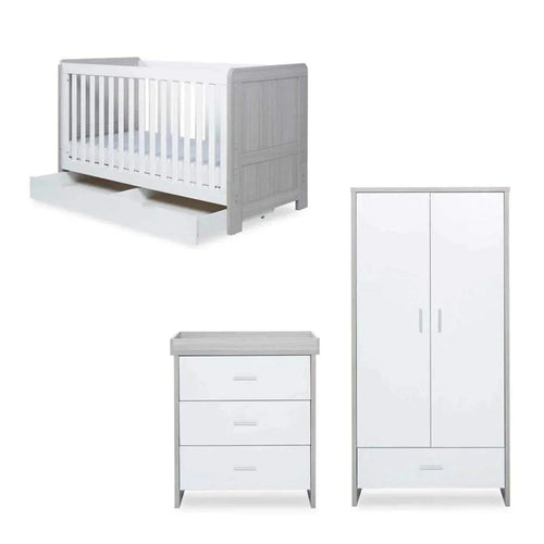 Grey-and-white baby cot with matching wardrobe and 3-drawer unit