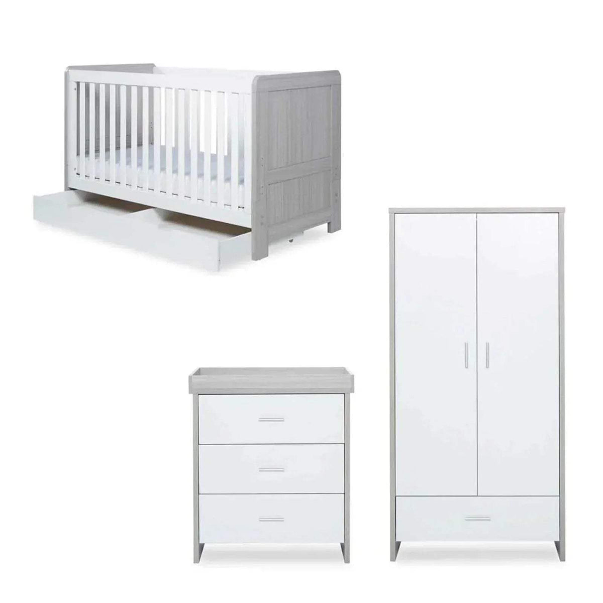 Ash grey and white nursery furniture set: crib, wardrobe, and drawer unit, 3-piece set