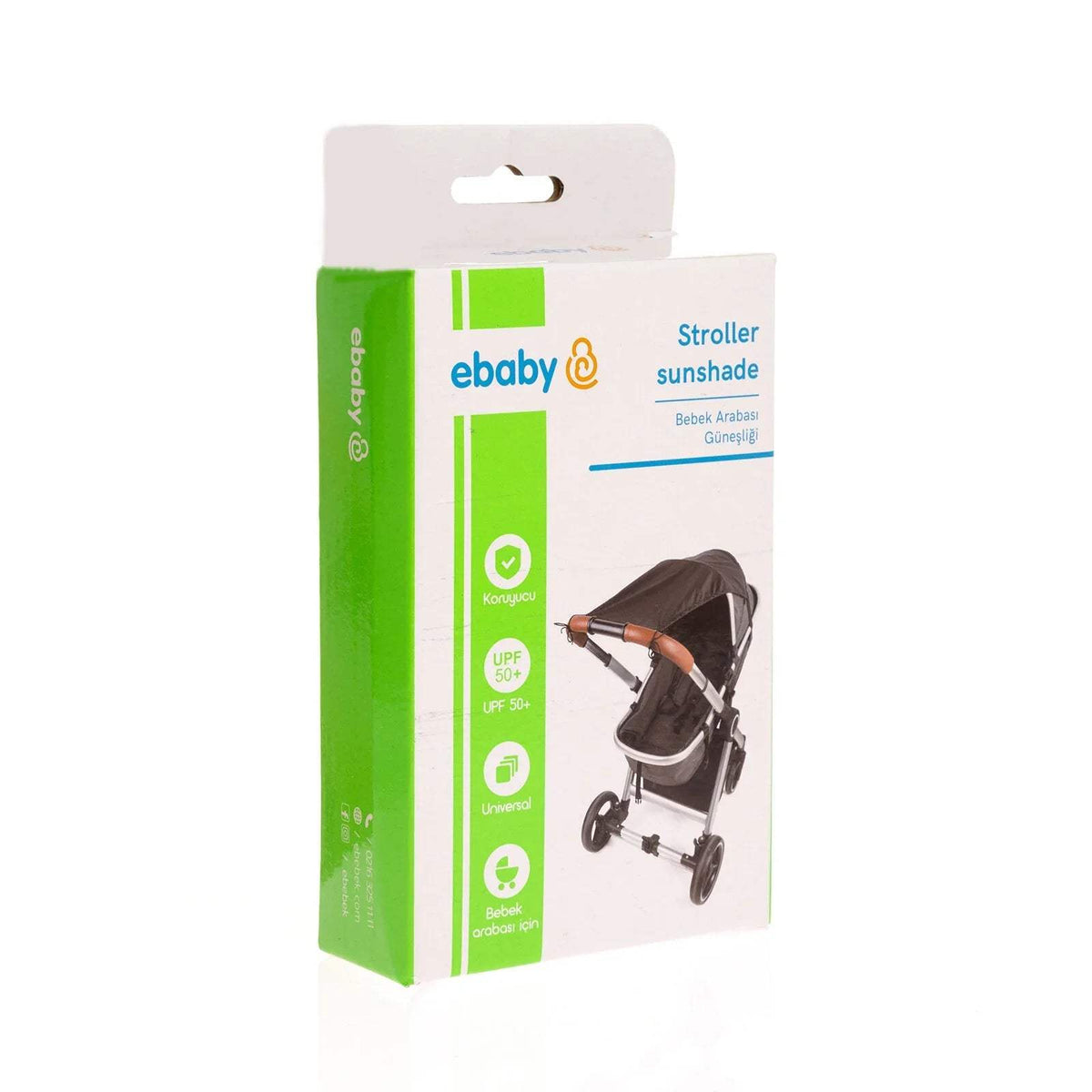 Retail package for ebaby stroller sunshade accessory with product image