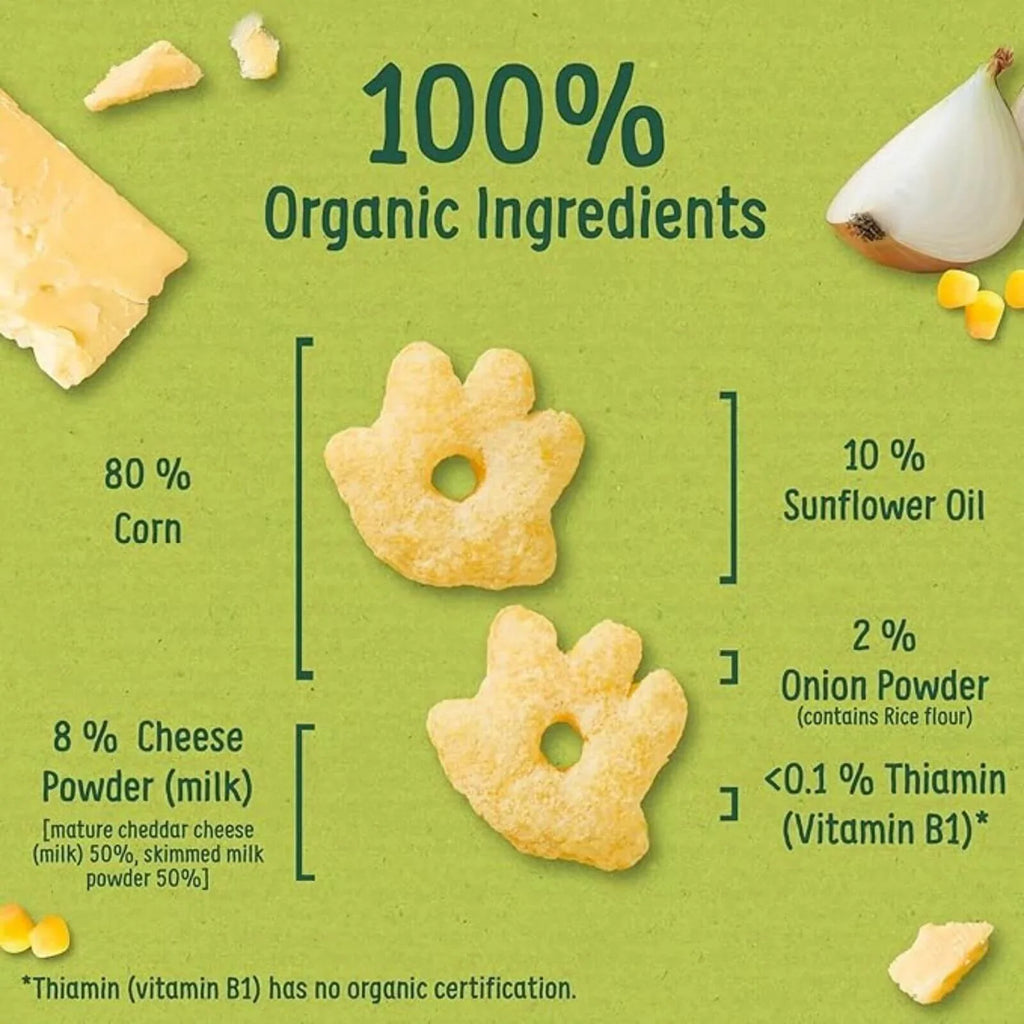 Organix cheese & onion snack ingredients graphic: 100% organic, 80% corn