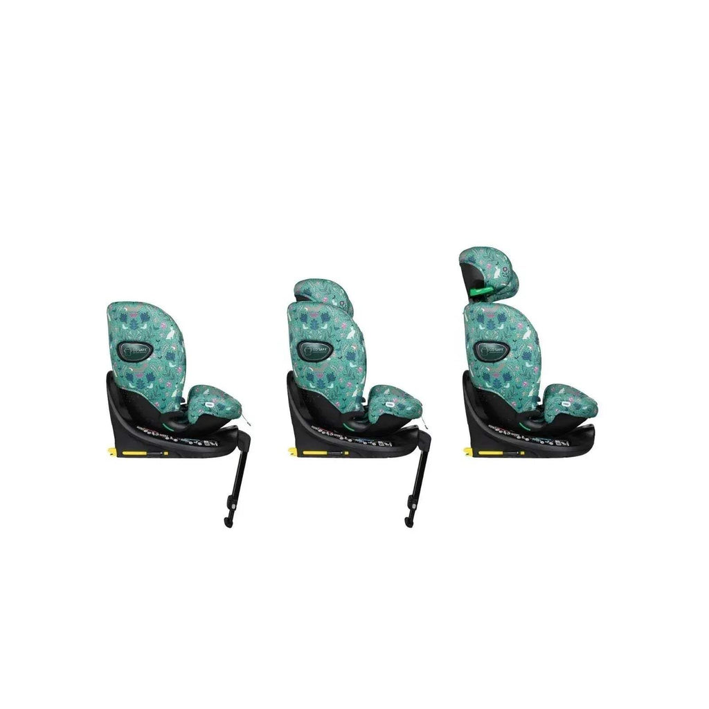 Infant car seat in green woodland fabric shown in three side views