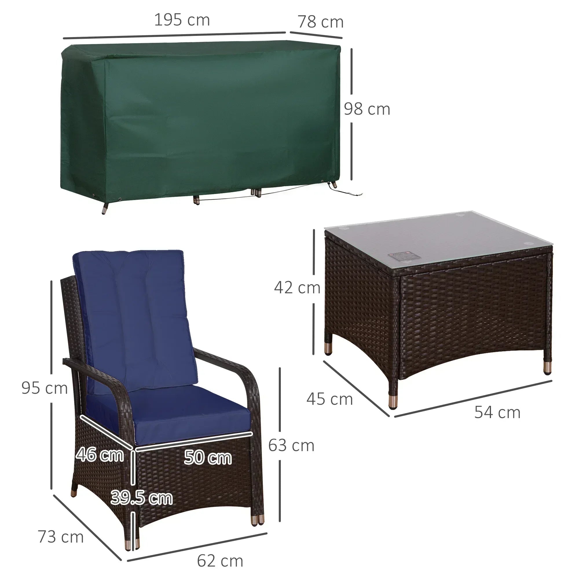 3 Pieces Rattan Bistro Set with Furniture Cover, Wicker Garden Furniture Set, Glass Top Coffee Table and Chairs with Cushions for Outdoor, Patio, Balcony, Dark Blue - Bobobiy