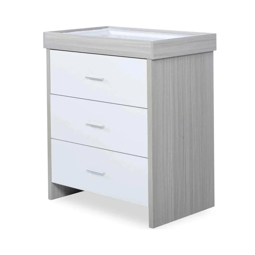 Grey-and-white 3-drawer under-cot storage unit with silver bar handles