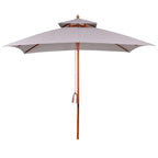 Grey square canopy parasol with open top, wooden pole, and orange rib framework.