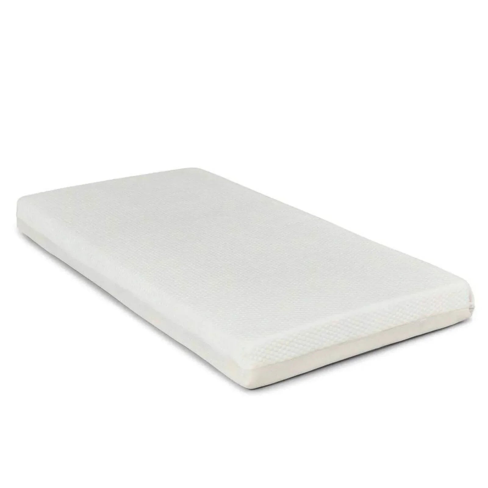 White baby mattress with smooth fabric top, single-piece design
