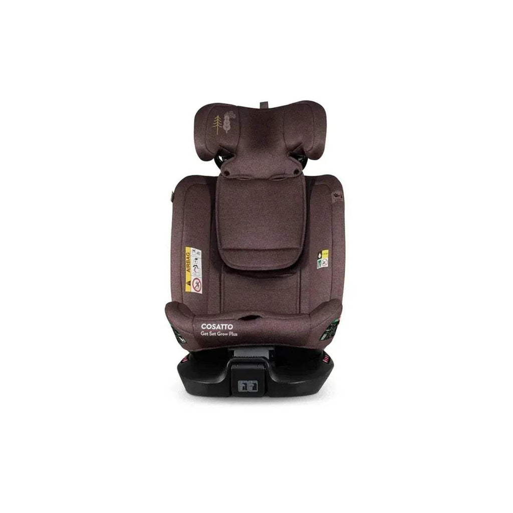 Cosatto group 0-1-2-3 car seat in brown, front view with chest pad