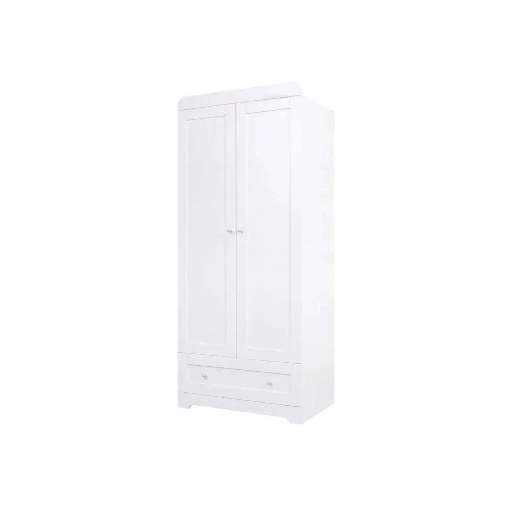 White wardrobe cabinet with two doors and bottom drawer