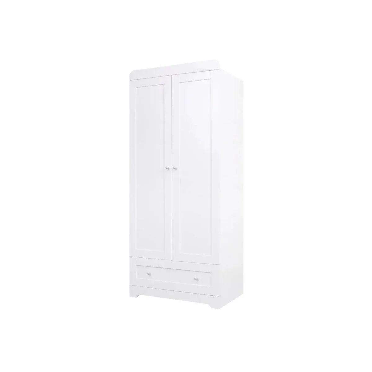 White wardrobe cabinet with two doors and bottom drawer