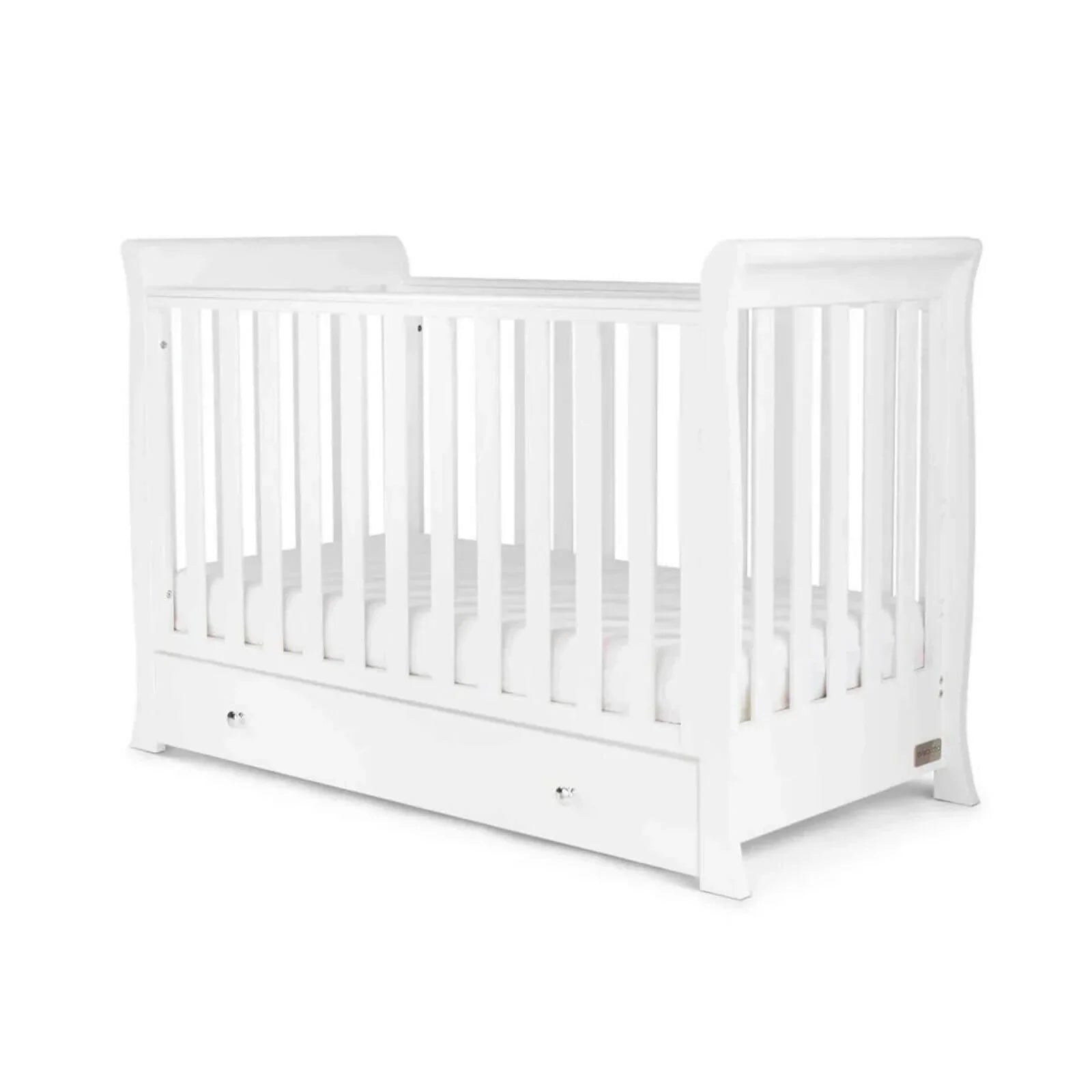 White mini cot bed with slatted headboard sides and front drawer panel