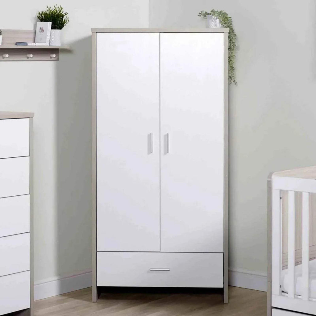 Two-door wardrobe in ash grey and white, with bottom drawer and side panels