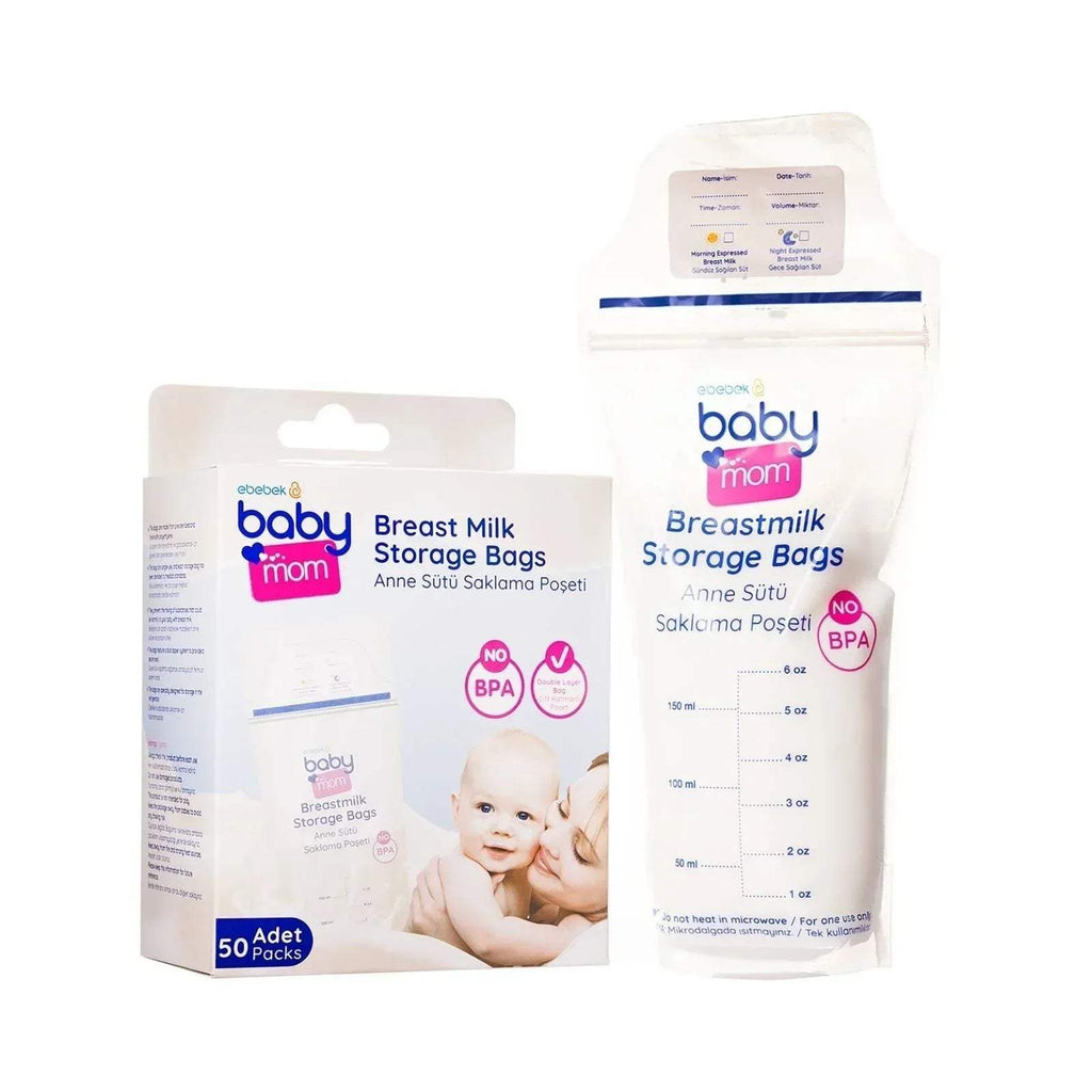 Baby breast milk storage bags, 50 count package and pouch, with measurement scale
