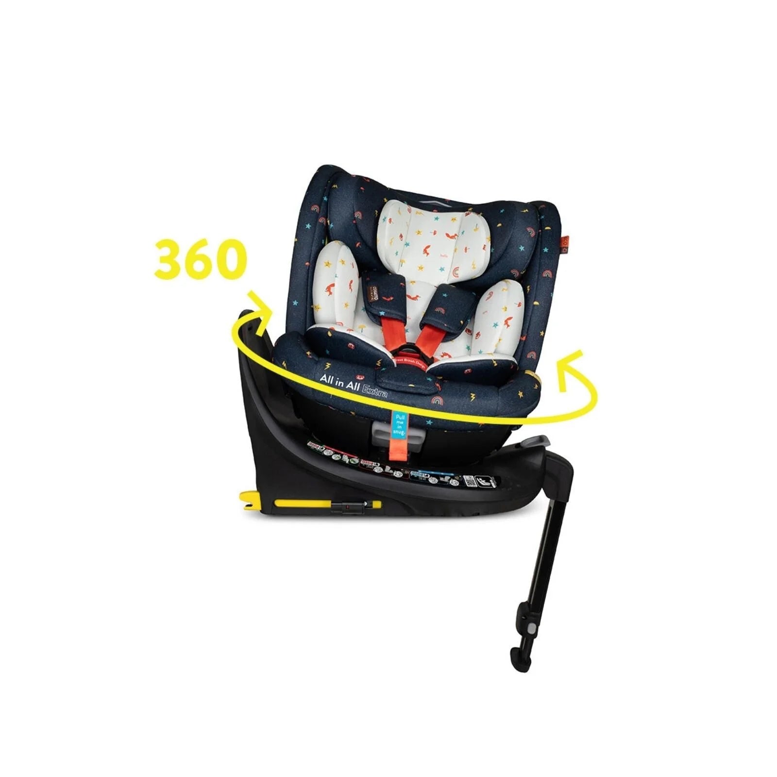 Navy doodle-pattern 360° car seat with padded inserts and 5-point harness