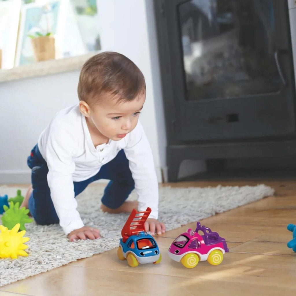 Mini toy cars: red car with swirls and a purple car with yellow wheels