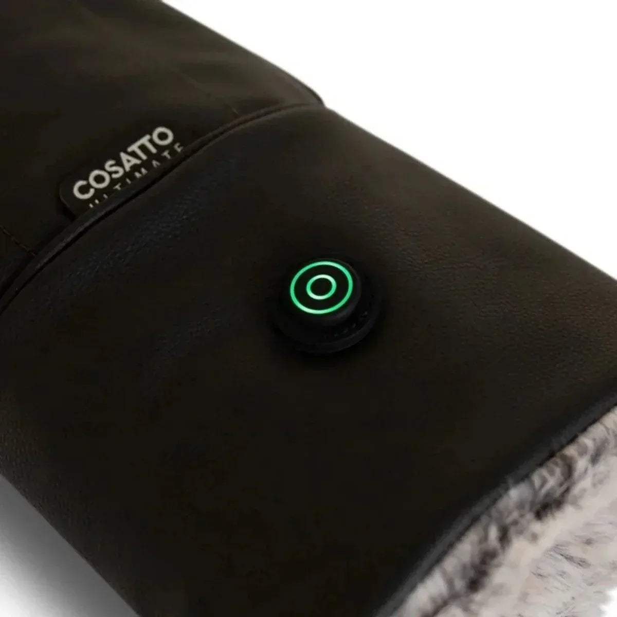 Black snuggle mitt with COSATTO label and green-lit round control button