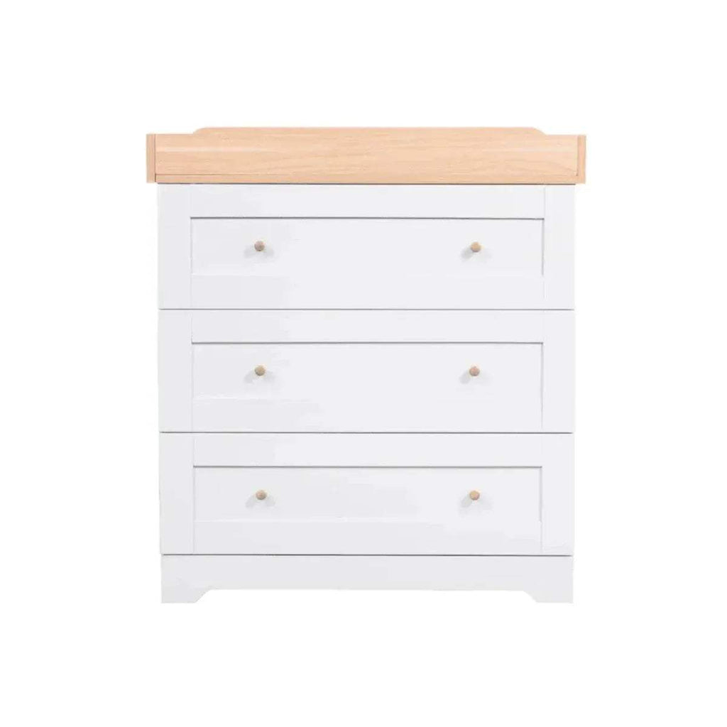 Baby chest changer with white drawers and light wood changing top, four knob drawers