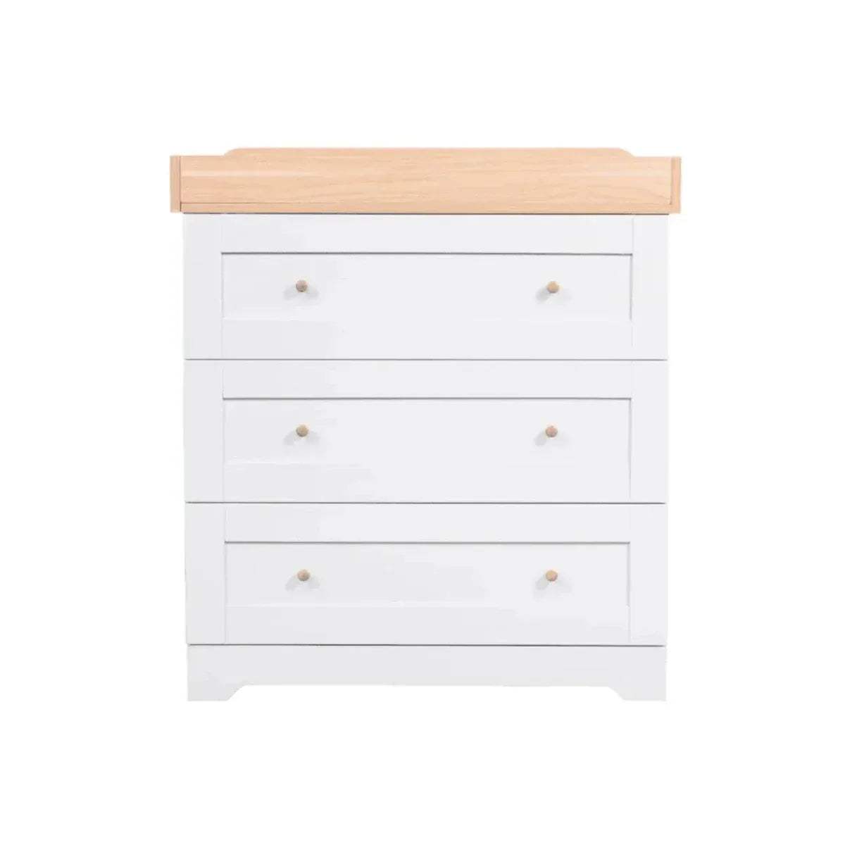 Baby chest changer with white drawers and light wood changing top, four knob drawers