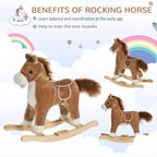 Kids brown plush rocking horse with white muzzle and belly, on wooden rockers, multiple views