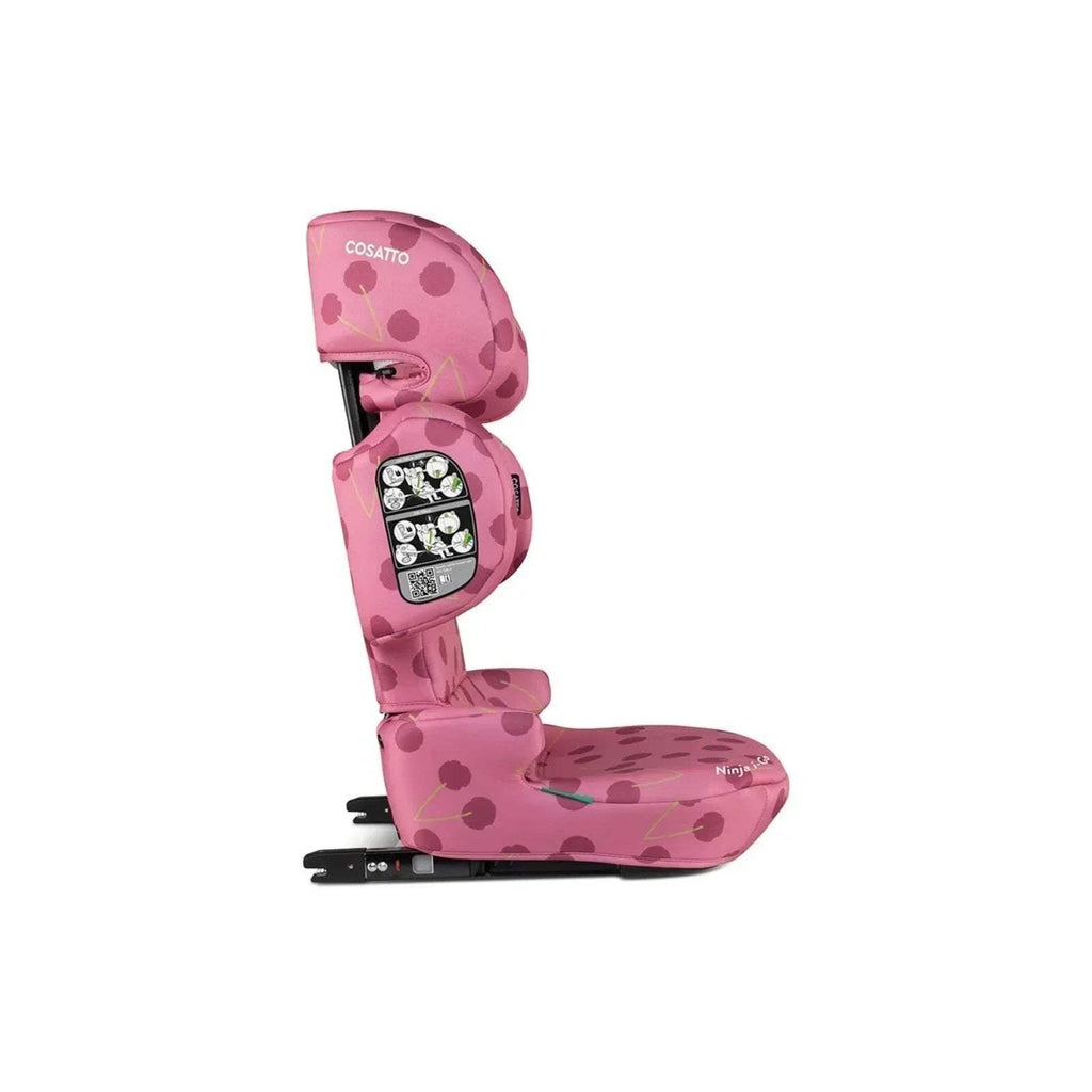 Cherry Pie patterned child car seat side view with padded headrest and adjustment panel