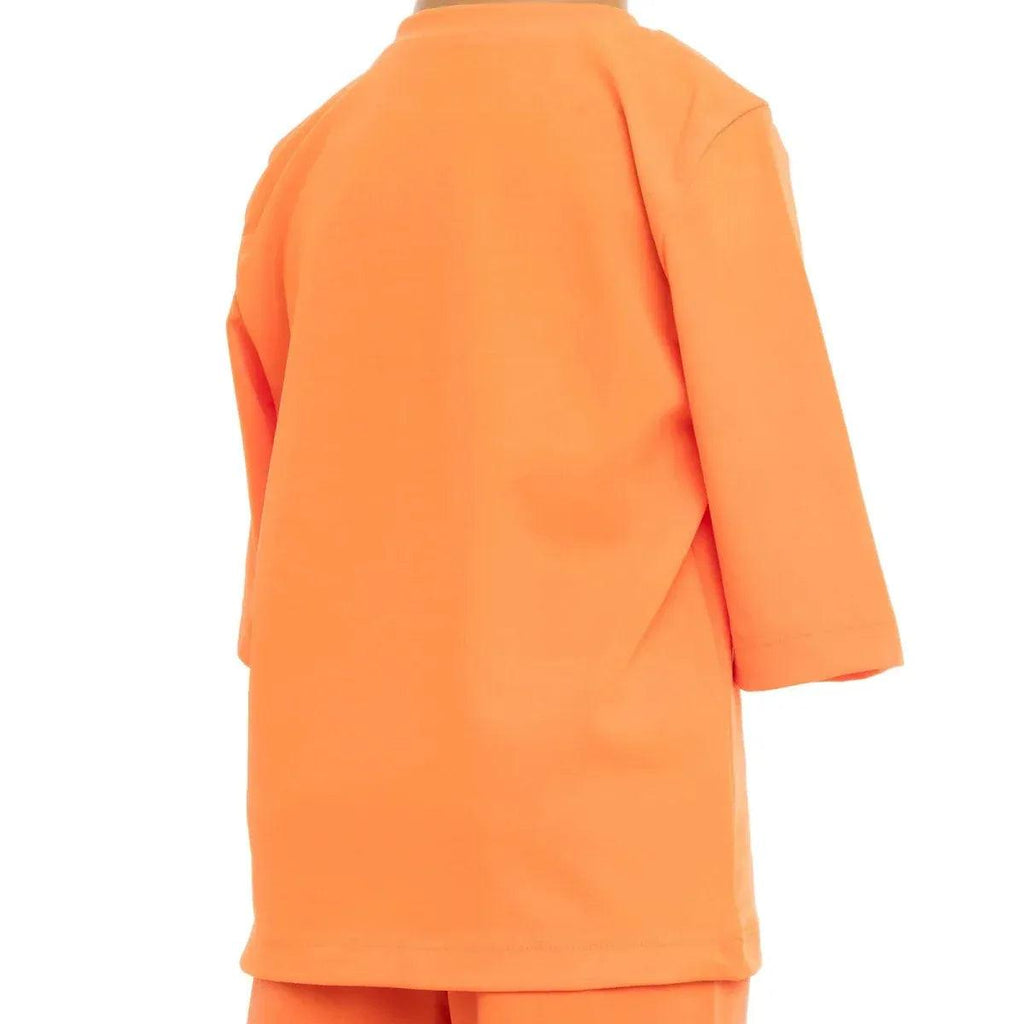 HelloBaby short sleeve baby swim top on model, neon orange, back view.