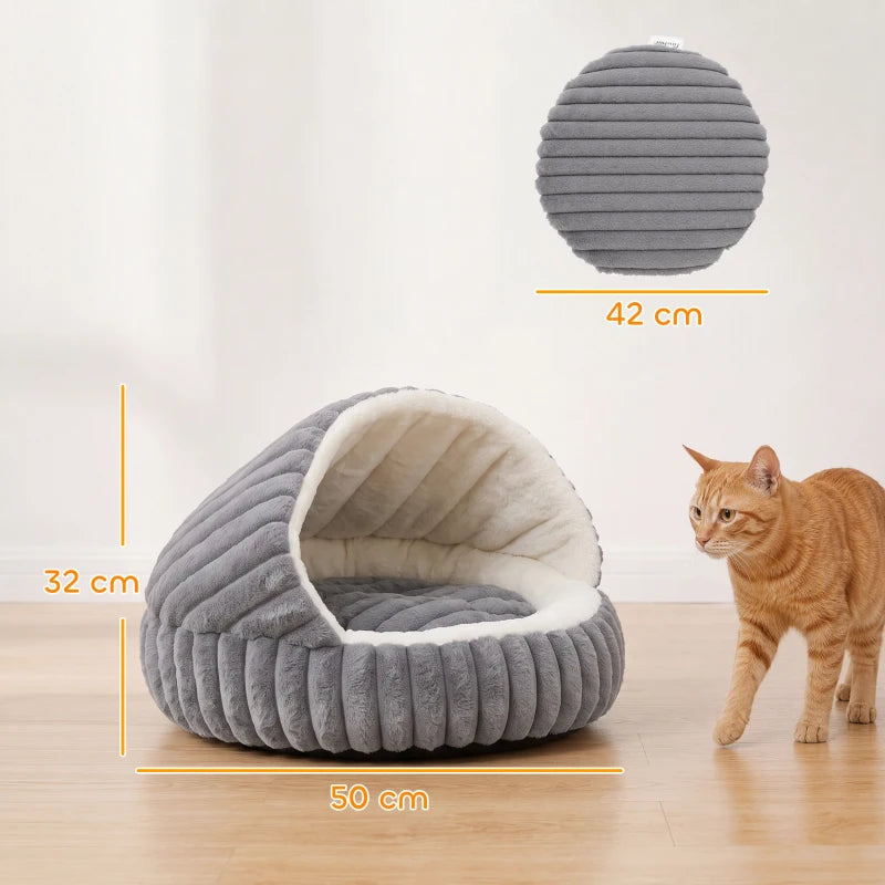 Grey round cat cave bed with plush rim and arched entrance