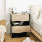 Wall-mounted floating bedside cabinet with oak-tone drawer and dark open shelf