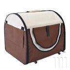 Brown folding fabric pet crate with arched front door and mesh side panels