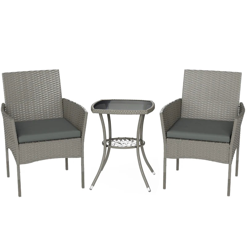 Dark grey PE rattan bistro set with two cushioned chairs and a two-tier glass table