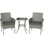 Dark grey PE rattan bistro set with two cushioned chairs and a two-tier glass table