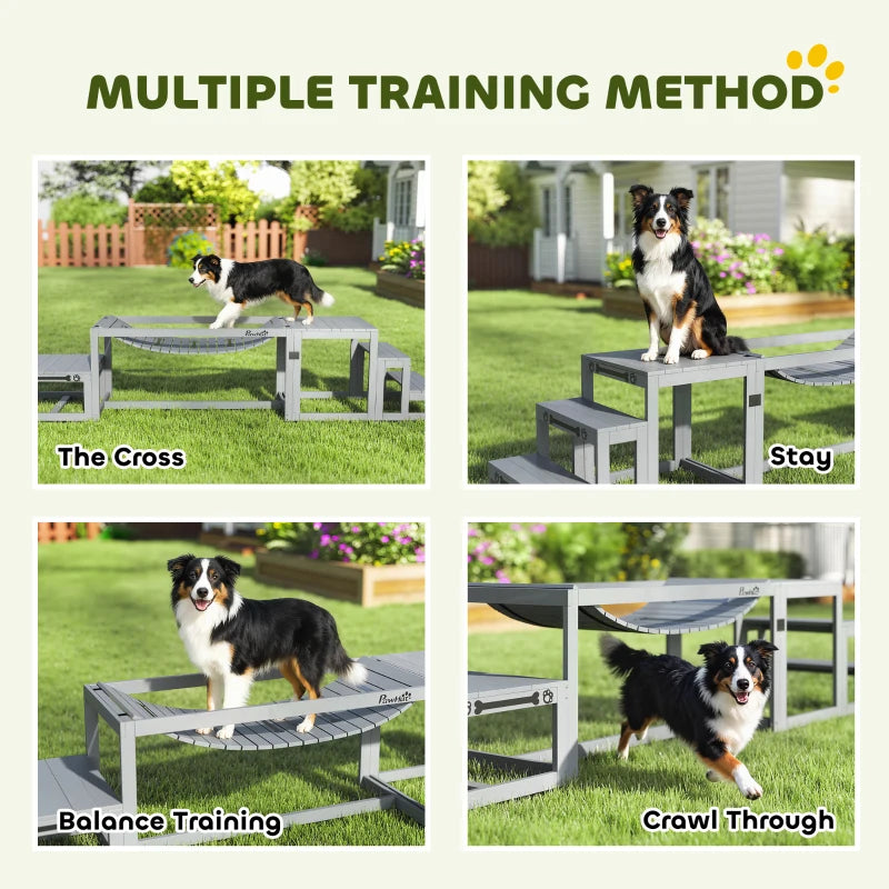 Grey wooden dog agility bridge and steps with supporting side frames