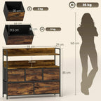 Rustic storage chest with five fabric drawers, side view showing dimensions and silhouette