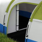 Tent doorway opening with gray interior and green-trimmed arch, secured by poles