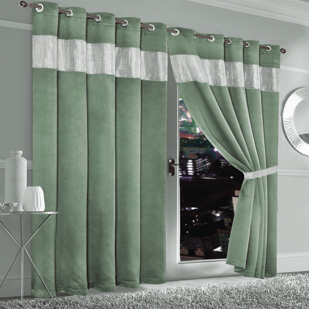Diamante Sage Green Blackout Eyelet Curtains with Tie Backs Blackout Thermal Ring Top Window Dressings