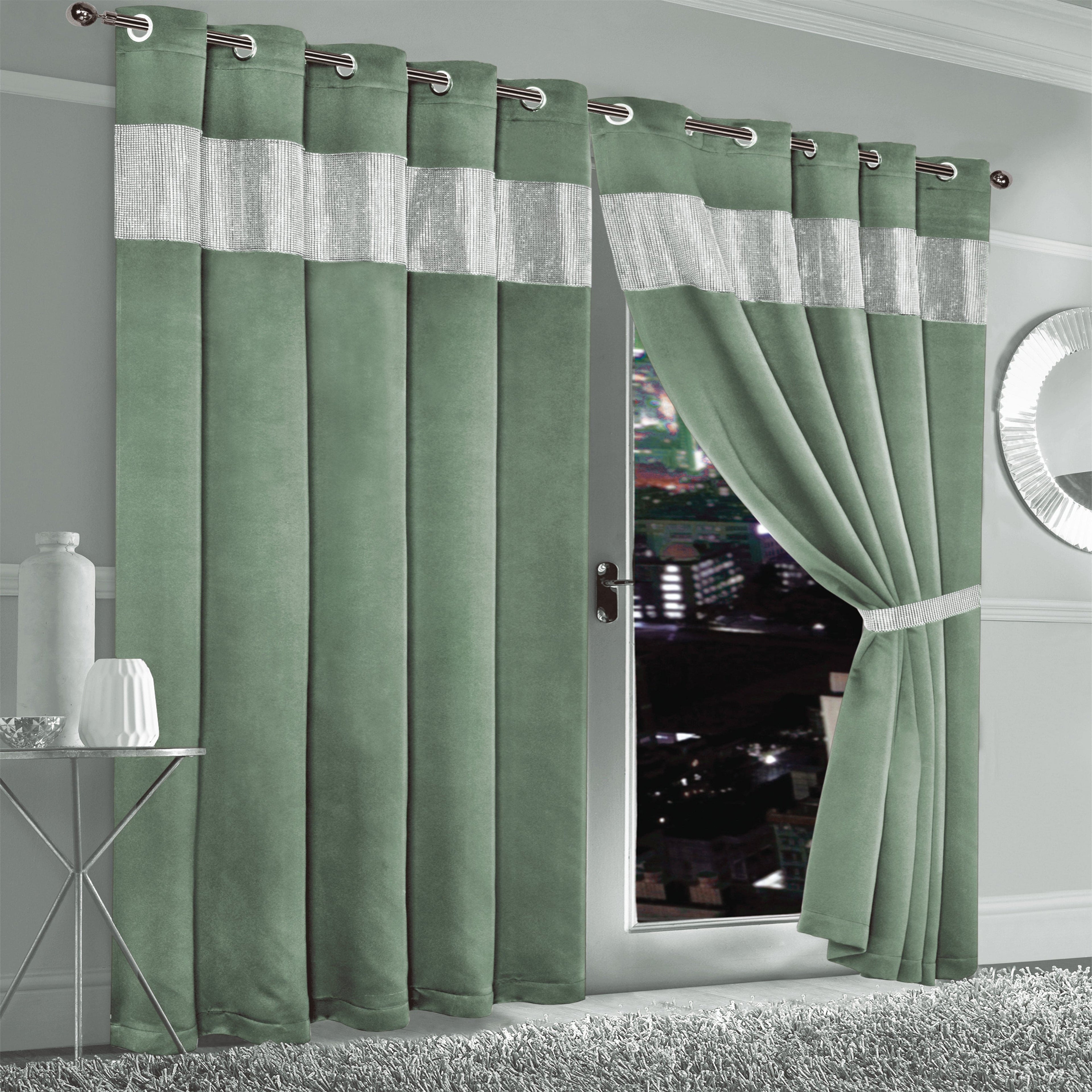 Diamante Sage Green Blackout Eyelet Curtains with Tie Backs Blackout Thermal Ring Top Window Dressings