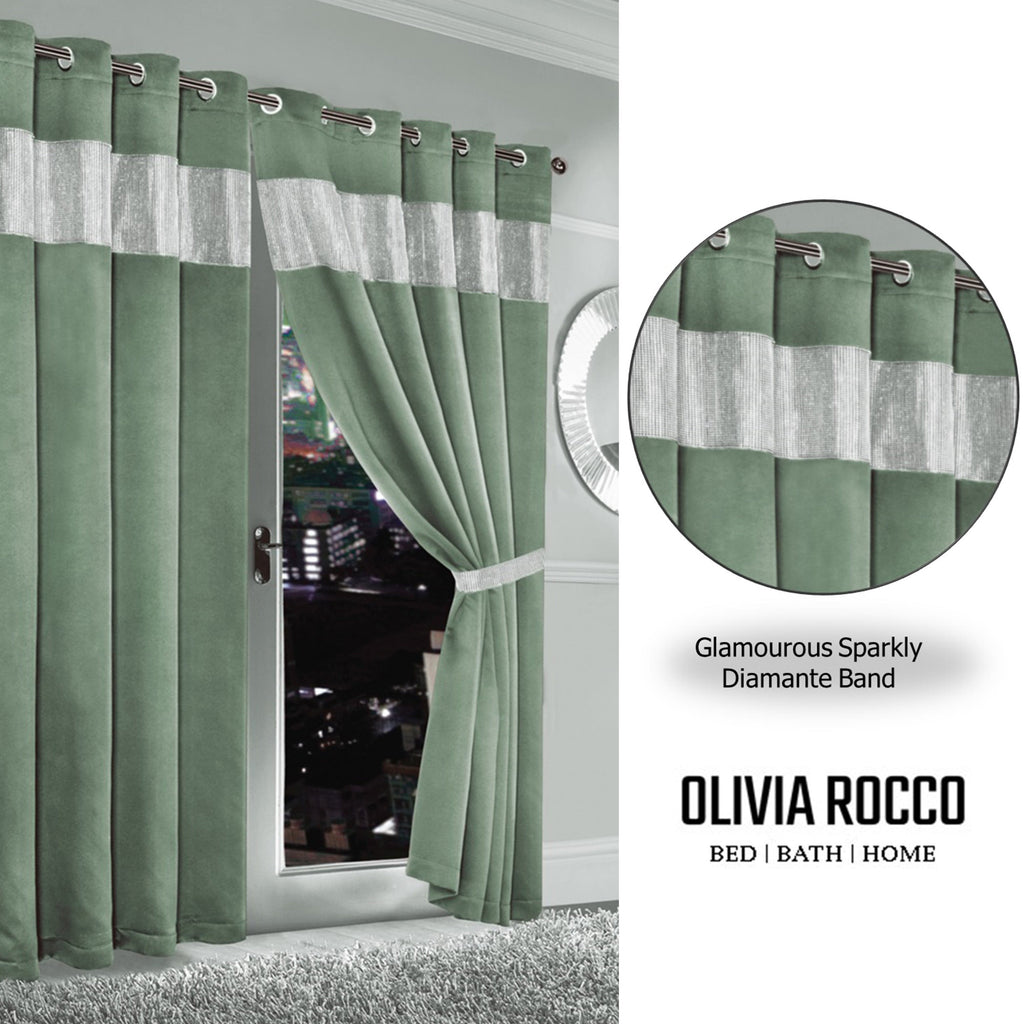 Diamante Sage Green Blackout Eyelet Curtains with Tie Backs Blackout Thermal Ring Top Window Dressings